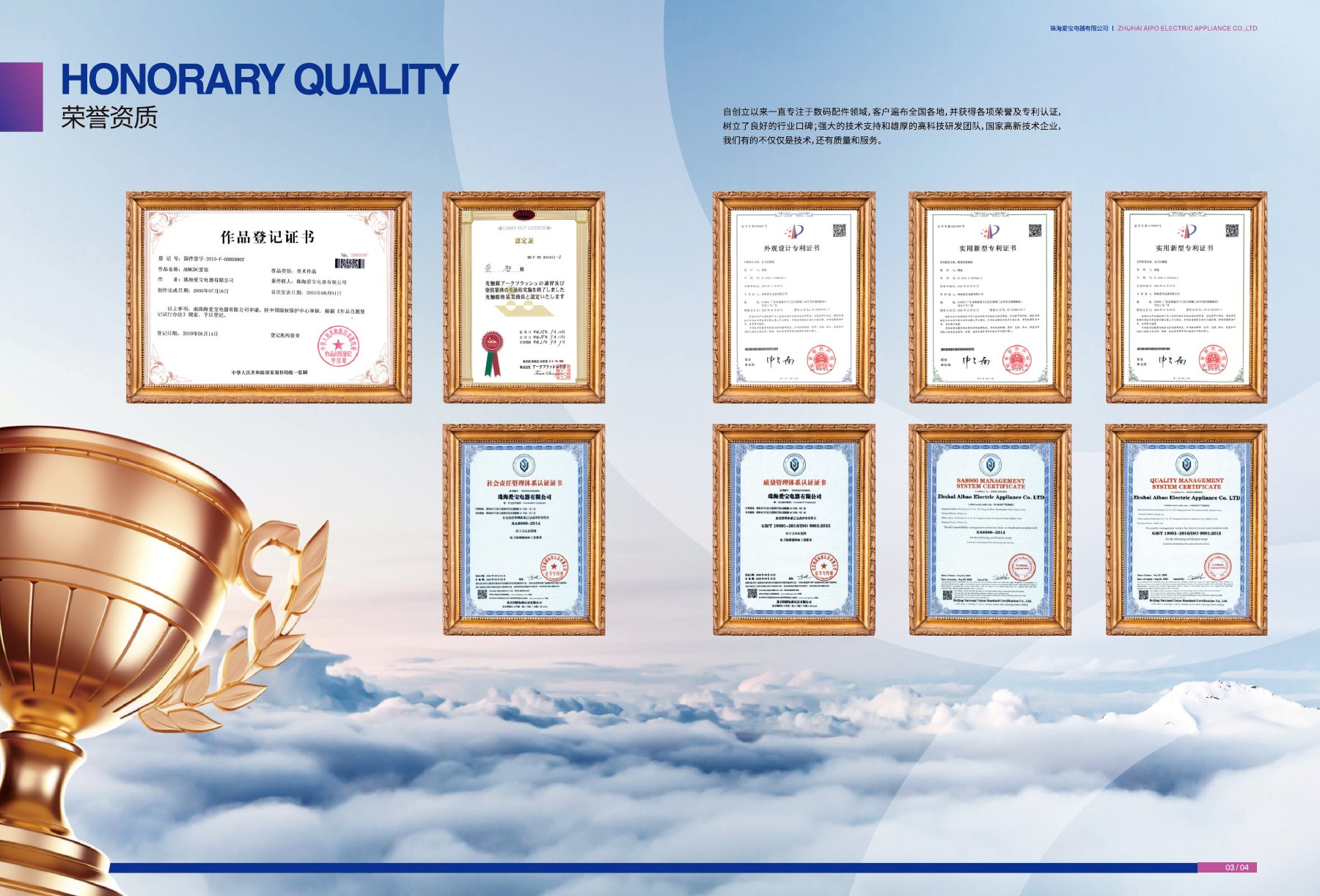 Certificate and patent documents reproduced from page 3 of the ABMCDC product catalogue