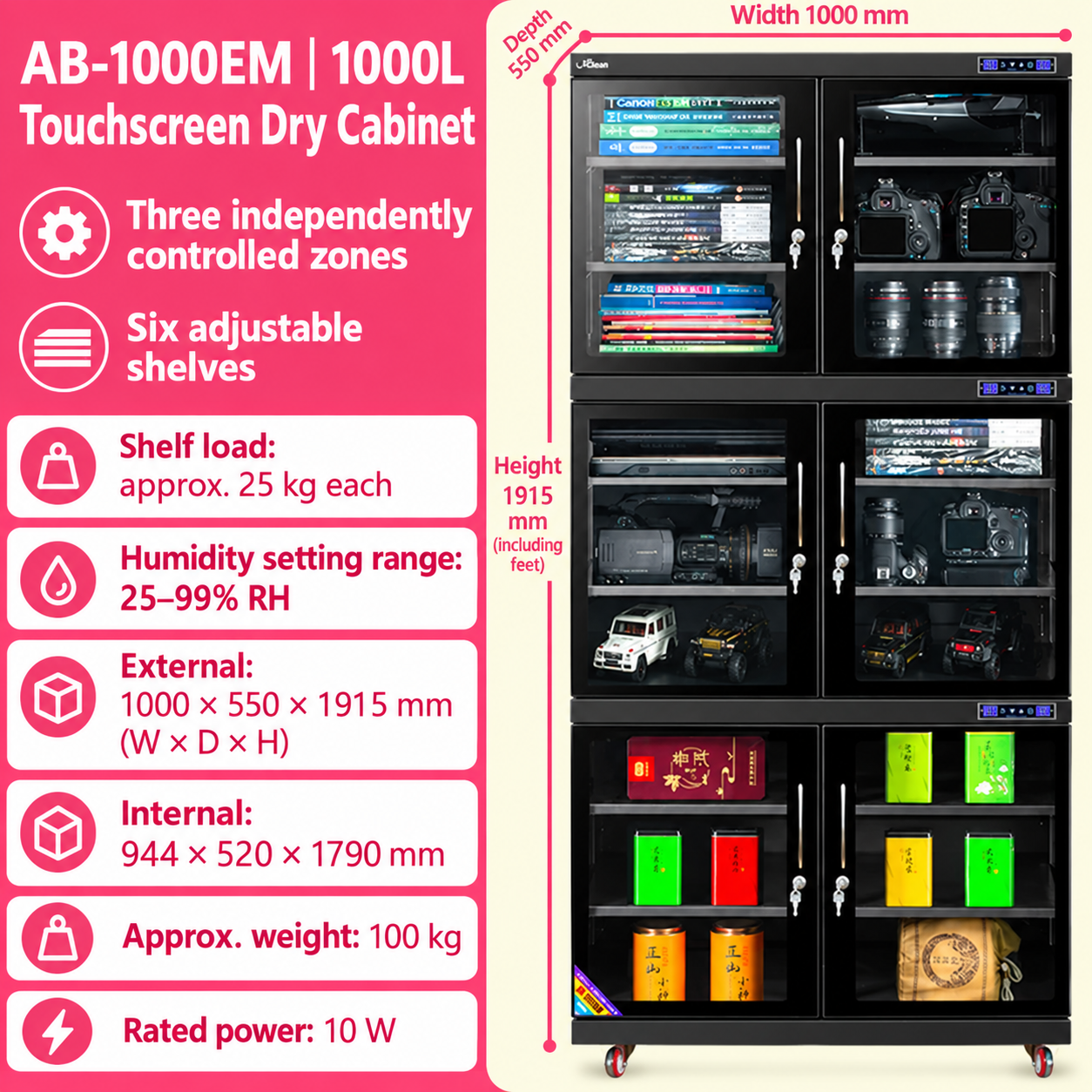 English 1000EM cabinet diagram showing touchscreen, capacity, shelves and external dimensions