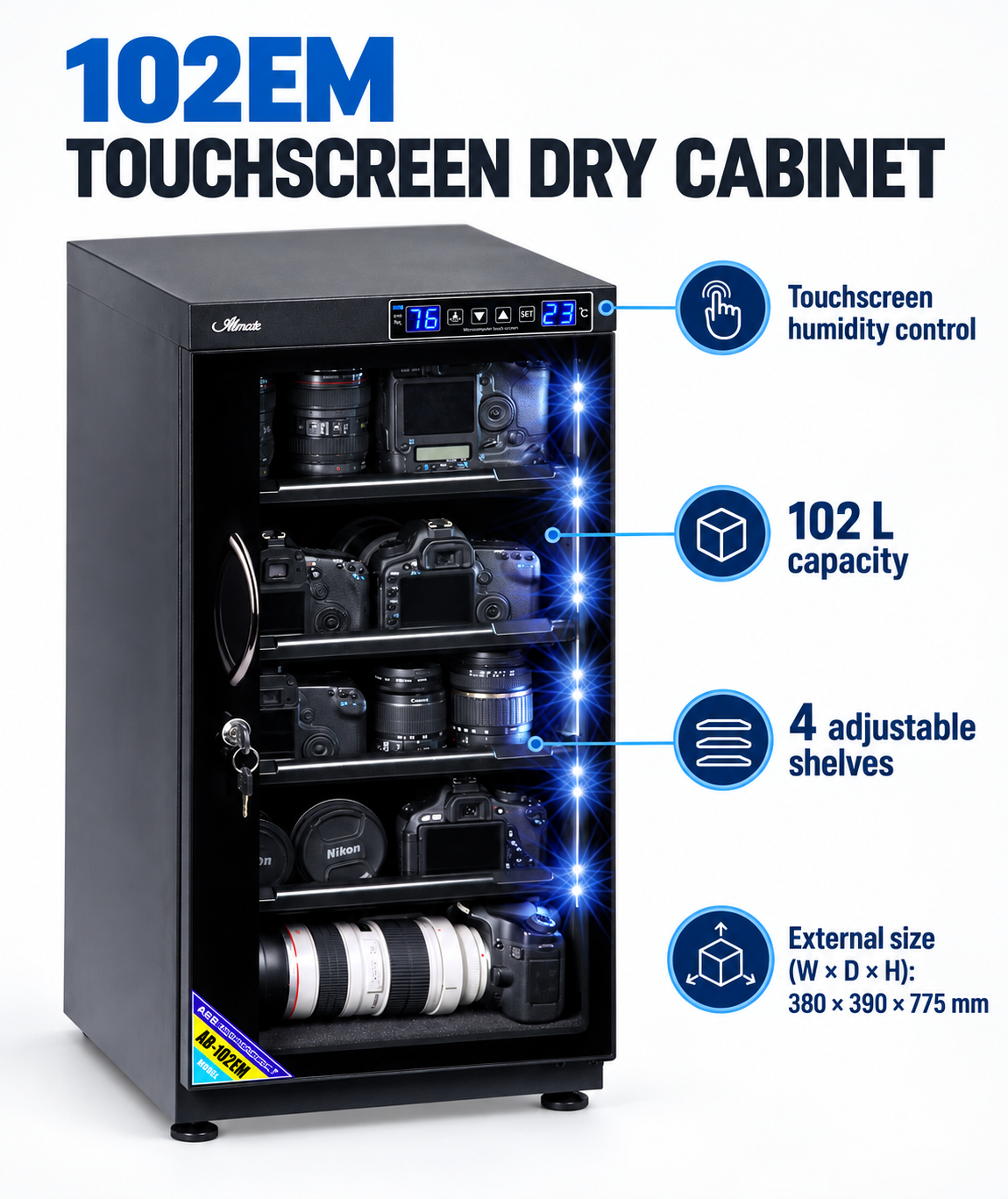 English 102EM cabinet diagram showing touchscreen, capacity, shelves and external dimensions