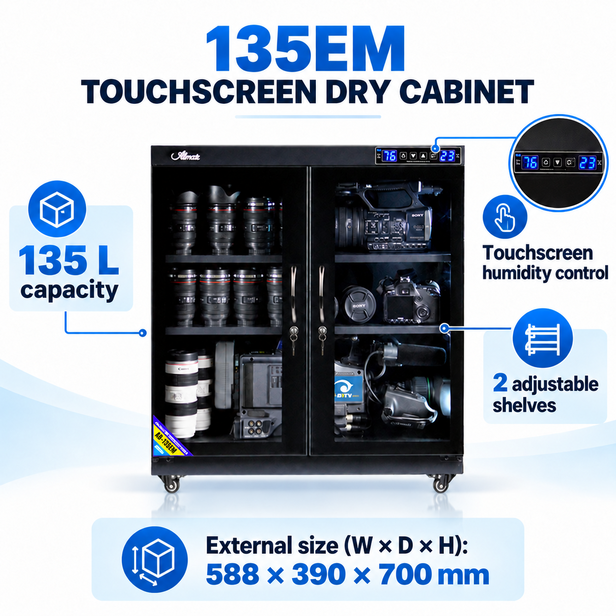 English 135EM overview showing the touchscreen, two shelves and external size