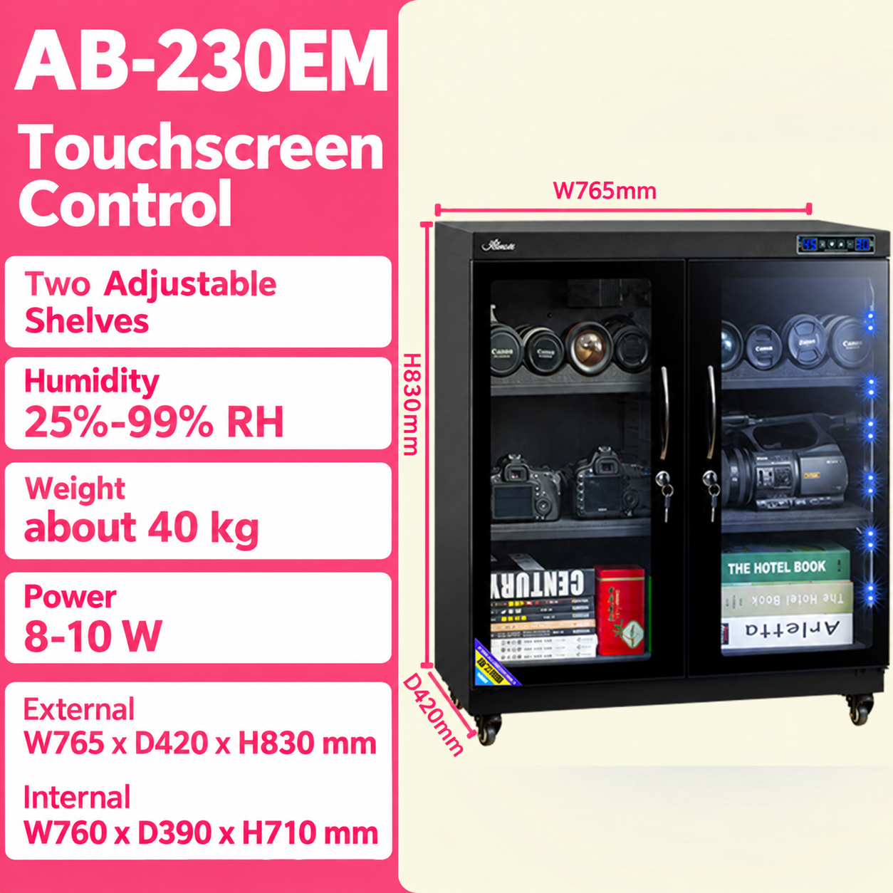 English 230EM cabinet diagram showing touchscreen, capacity, shelves and external dimensions