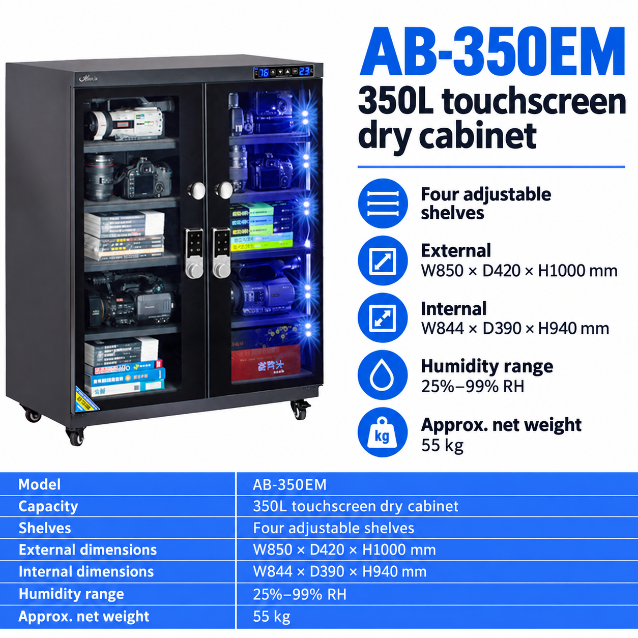 English AB-350EM 350L touchscreen cabinet with four adjustable shelves and dimensions