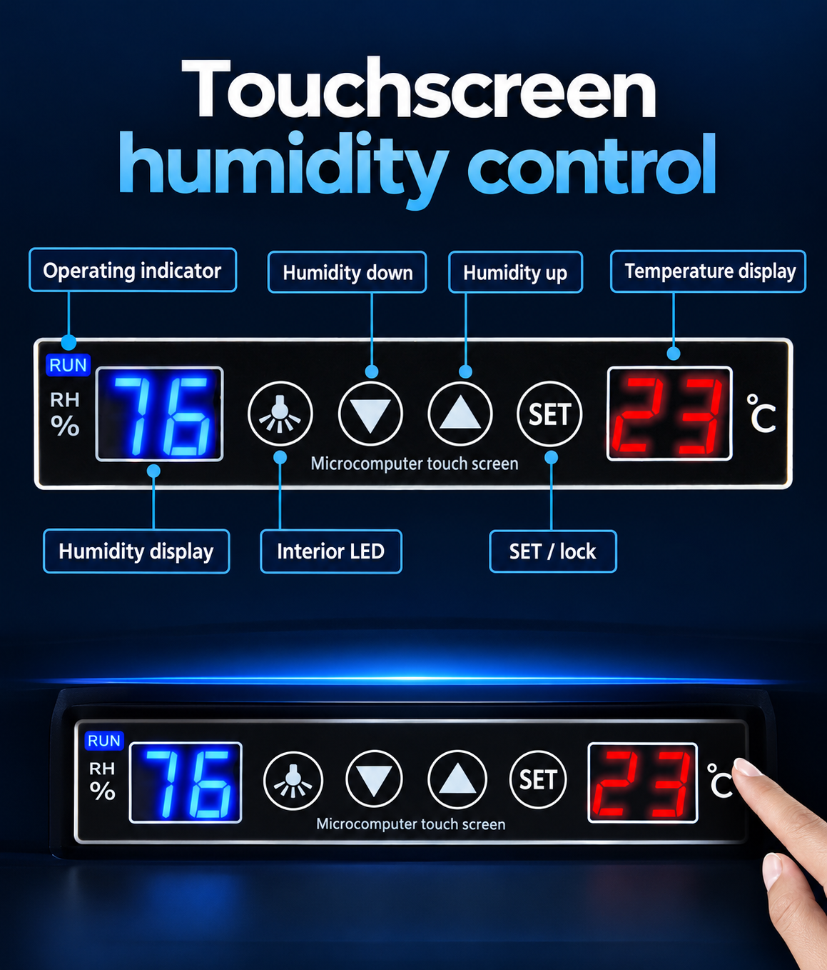 English-labeled touchscreen humidity control panel showing humidity and temperature displays, up and down controls, LED button and SET button