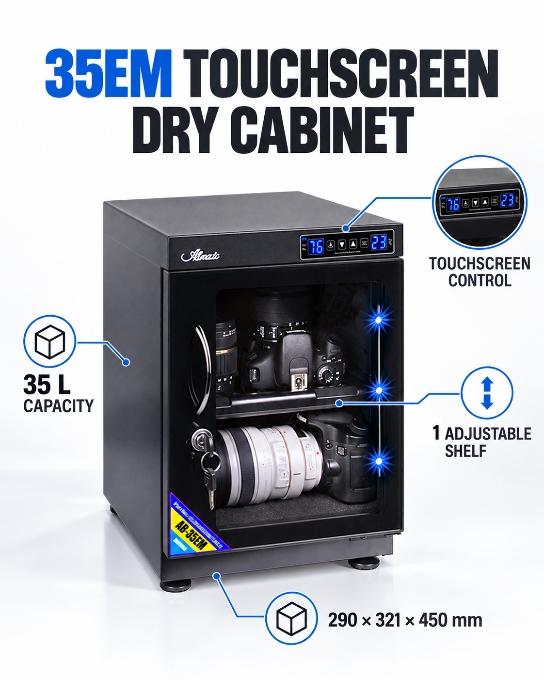 English 35EM cabinet diagram showing touchscreen, capacity, shelves and external dimensions