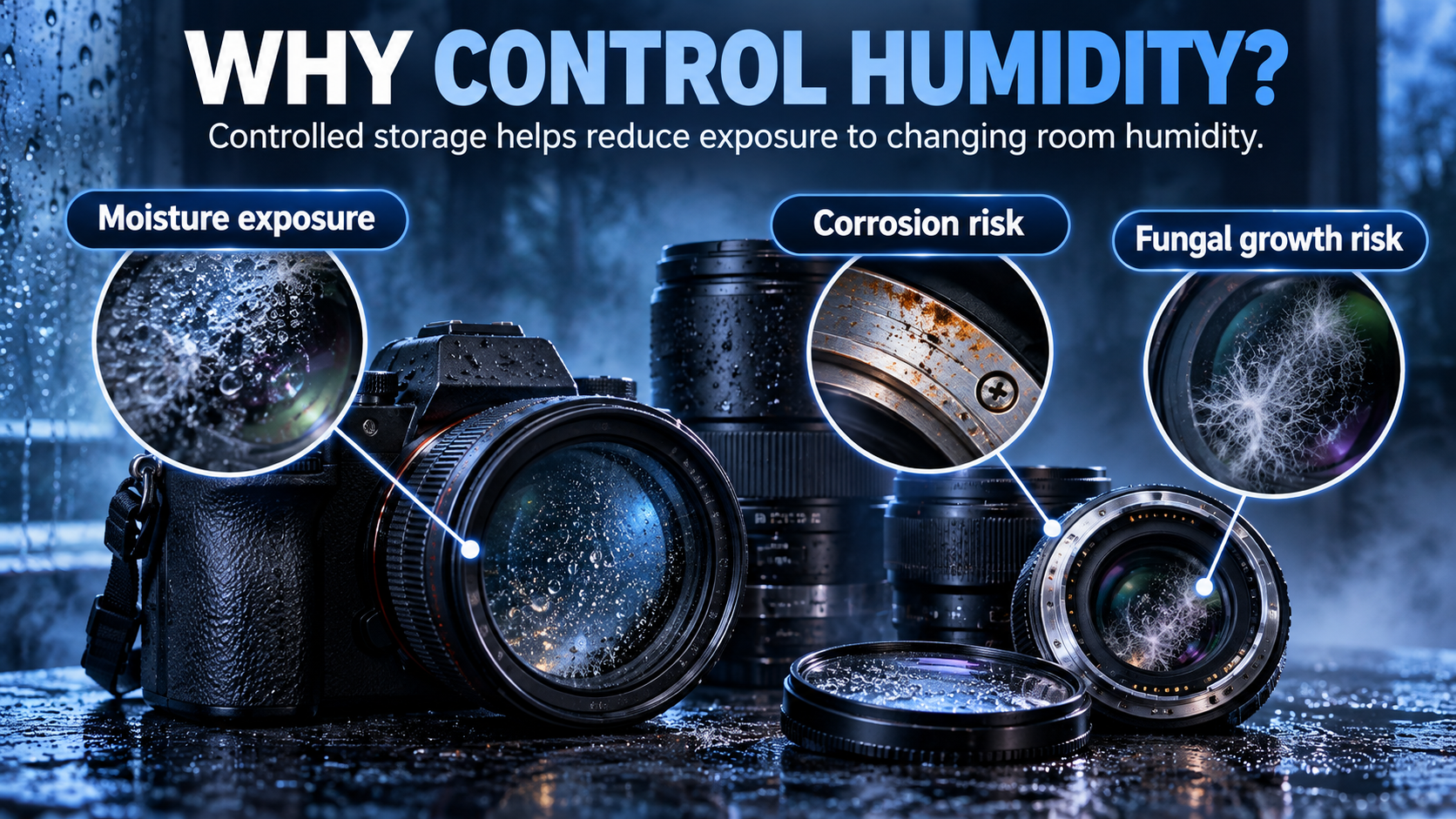 Illustrative English guide to moisture exposure, corrosion risk and fungal growth risk for camera equipment