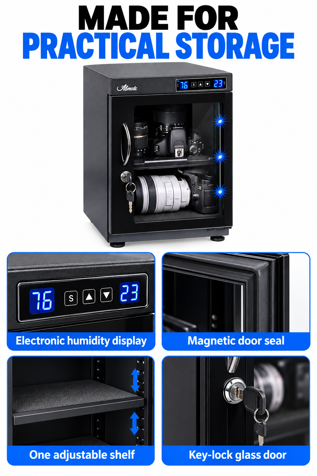 English 35EM detail views: electronic display, magnetic seal, adjustable shelf and keyed glass door