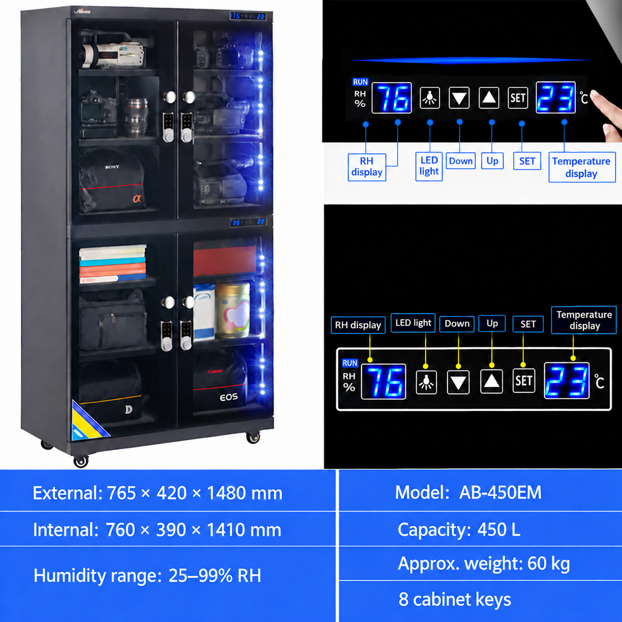 English 450EM cabinet diagram showing touchscreen, capacity, shelves and external dimensions