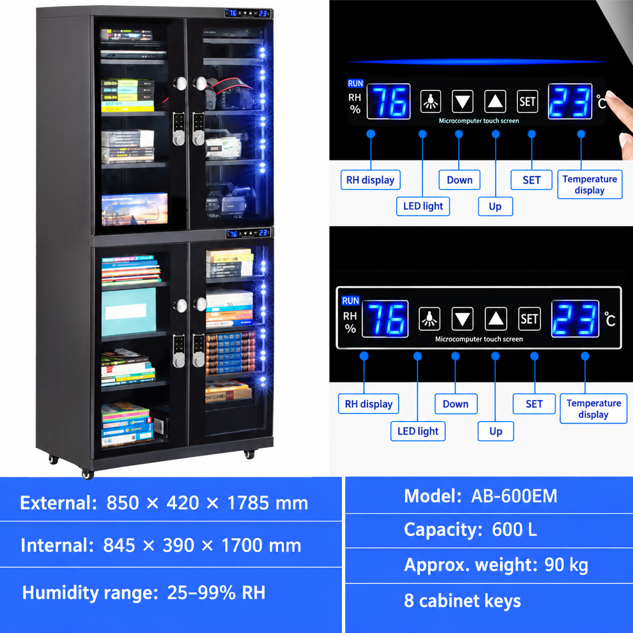 English 600EM cabinet diagram showing touchscreen, capacity, shelves and external dimensions