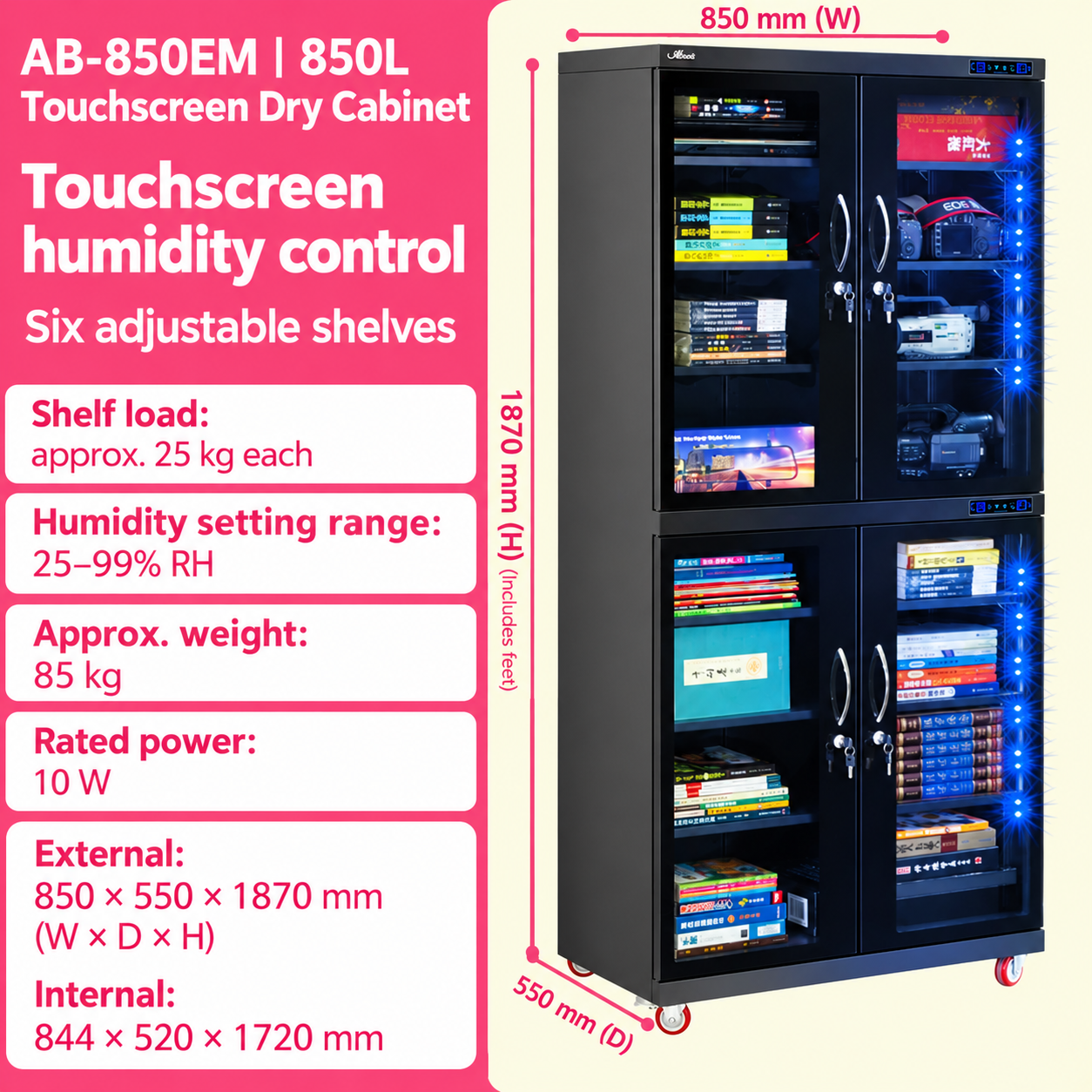 English 850EM cabinet diagram showing touchscreen, capacity, shelves and external dimensions
