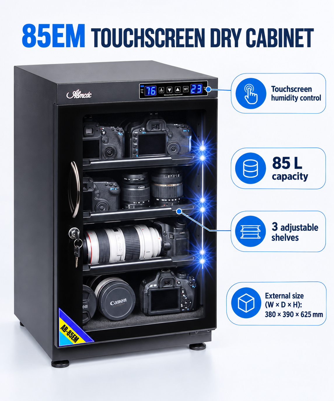 English 85EM cabinet diagram showing touchscreen, capacity, shelves and external dimensions