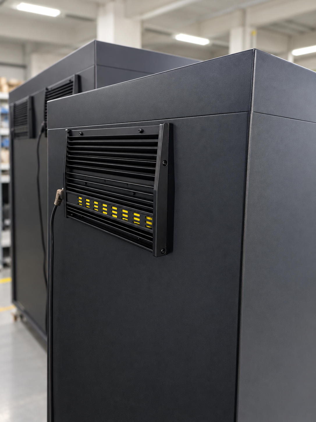Real ABMCDC dehumidifying module mounted on the rear of a larger production dry cabinet